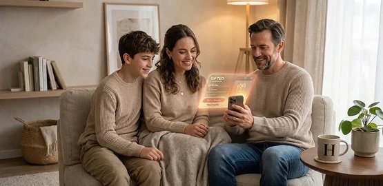 Family on a couch sharing a gifted home service on a phone